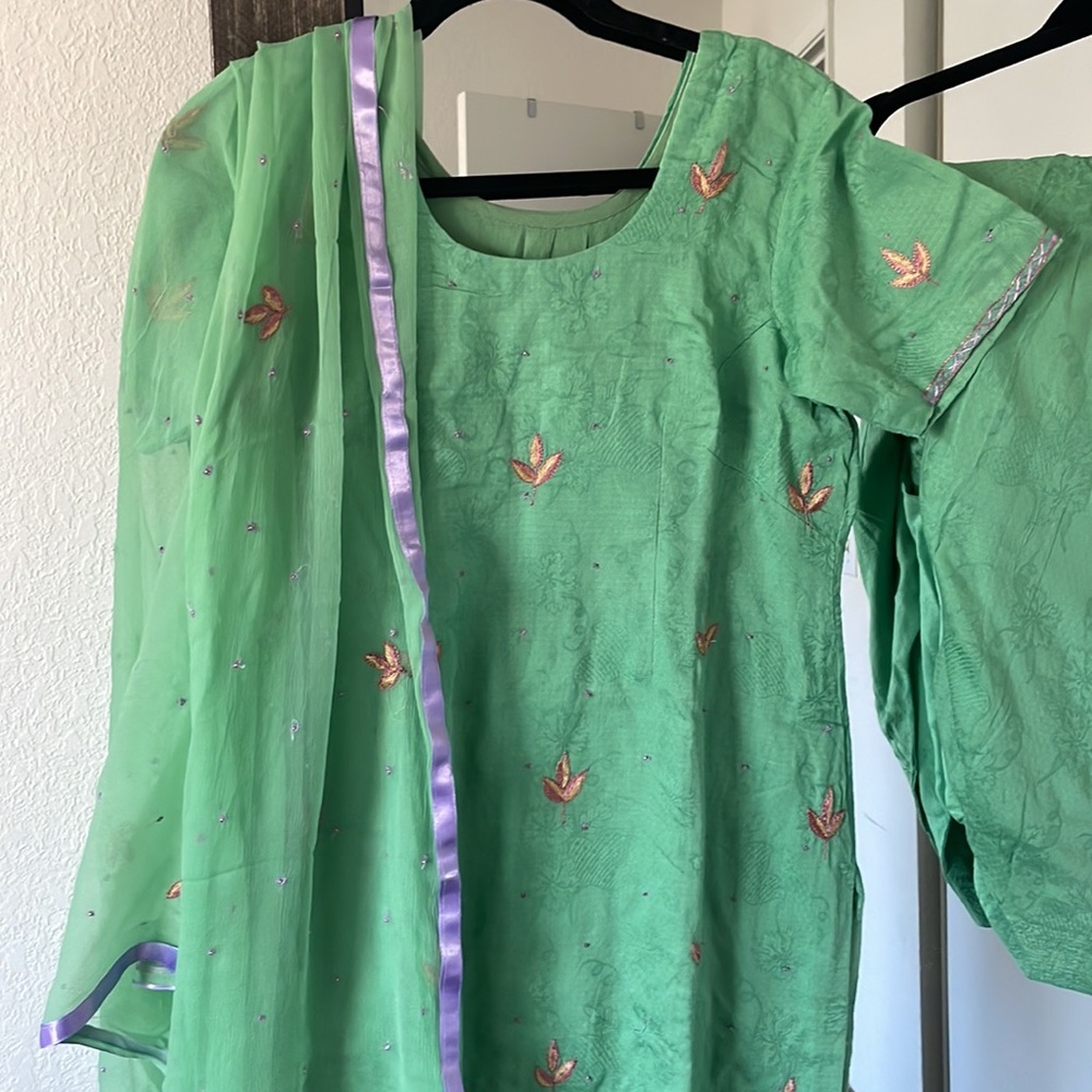 Source Unknown Green Women's Salwar Suit with Purple Trim